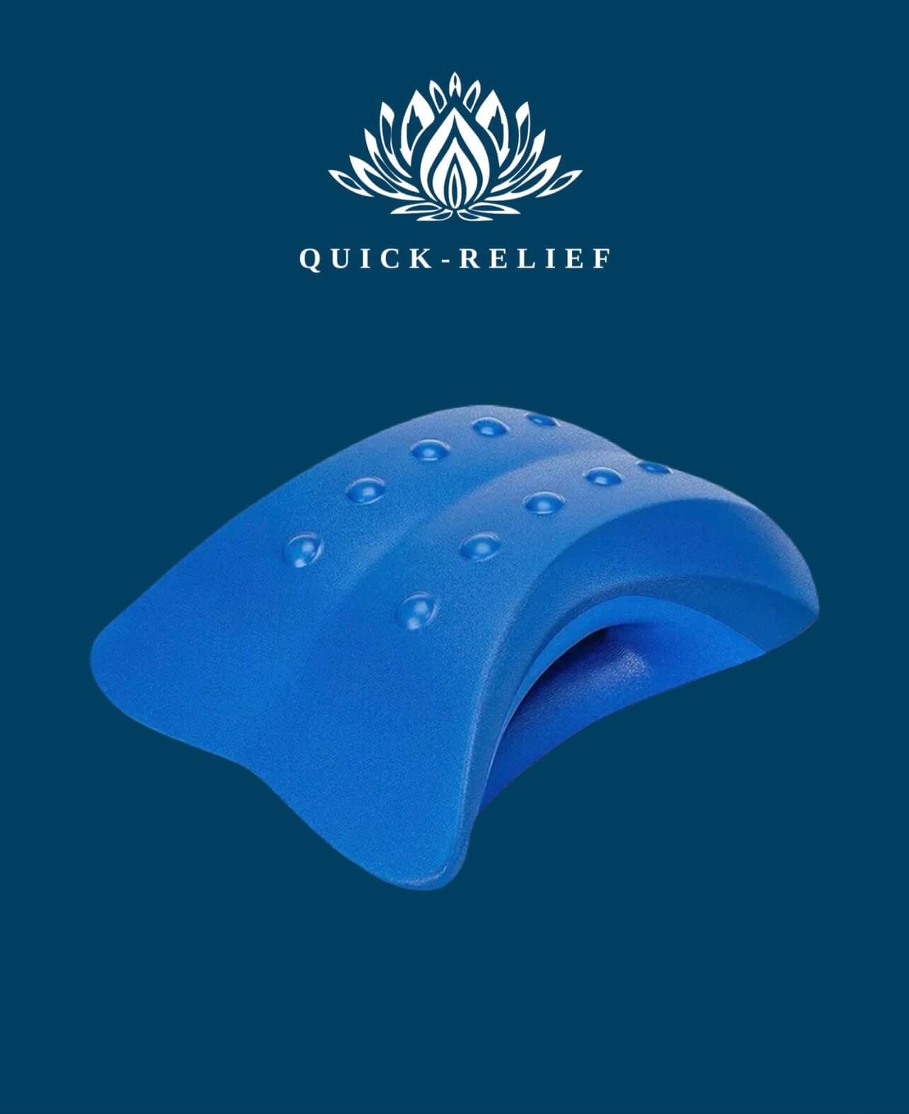Blue wrist support device with 'Quick-Relief' branding on a dark blue background