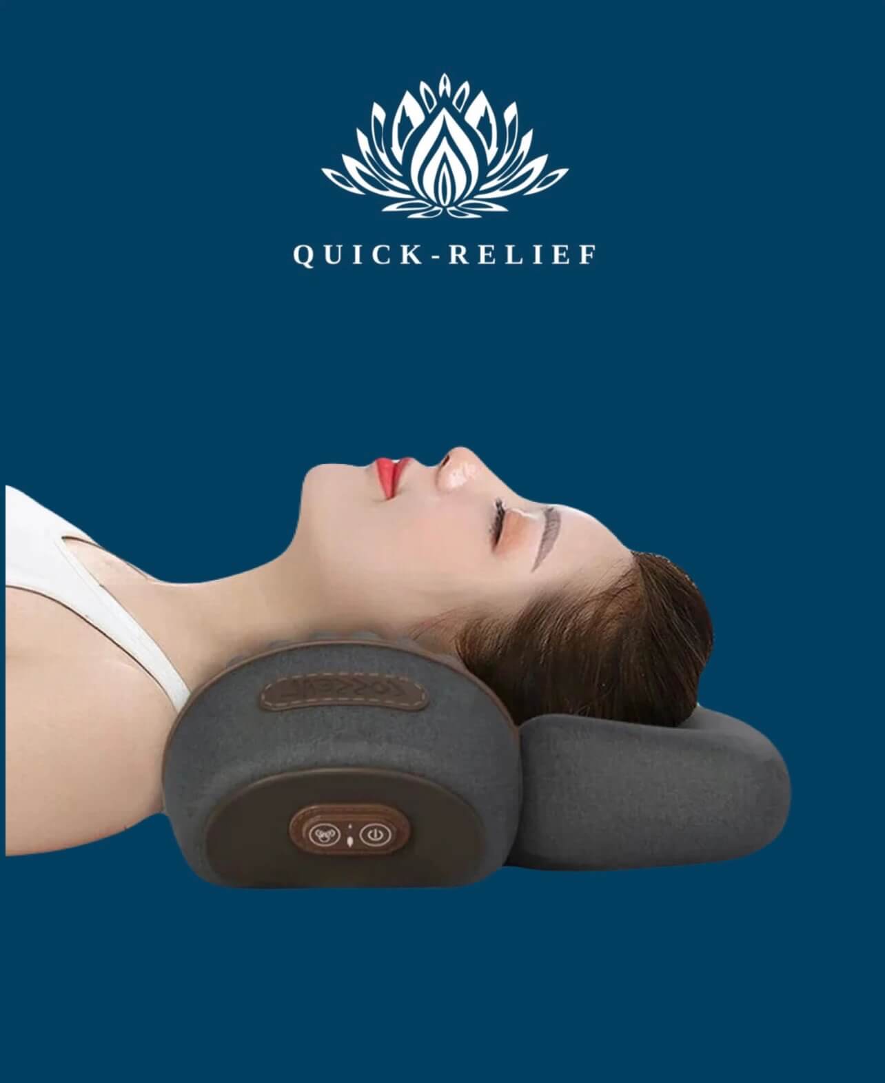 Person using a neck massager with 'Quick-Relief' logo on a blue background