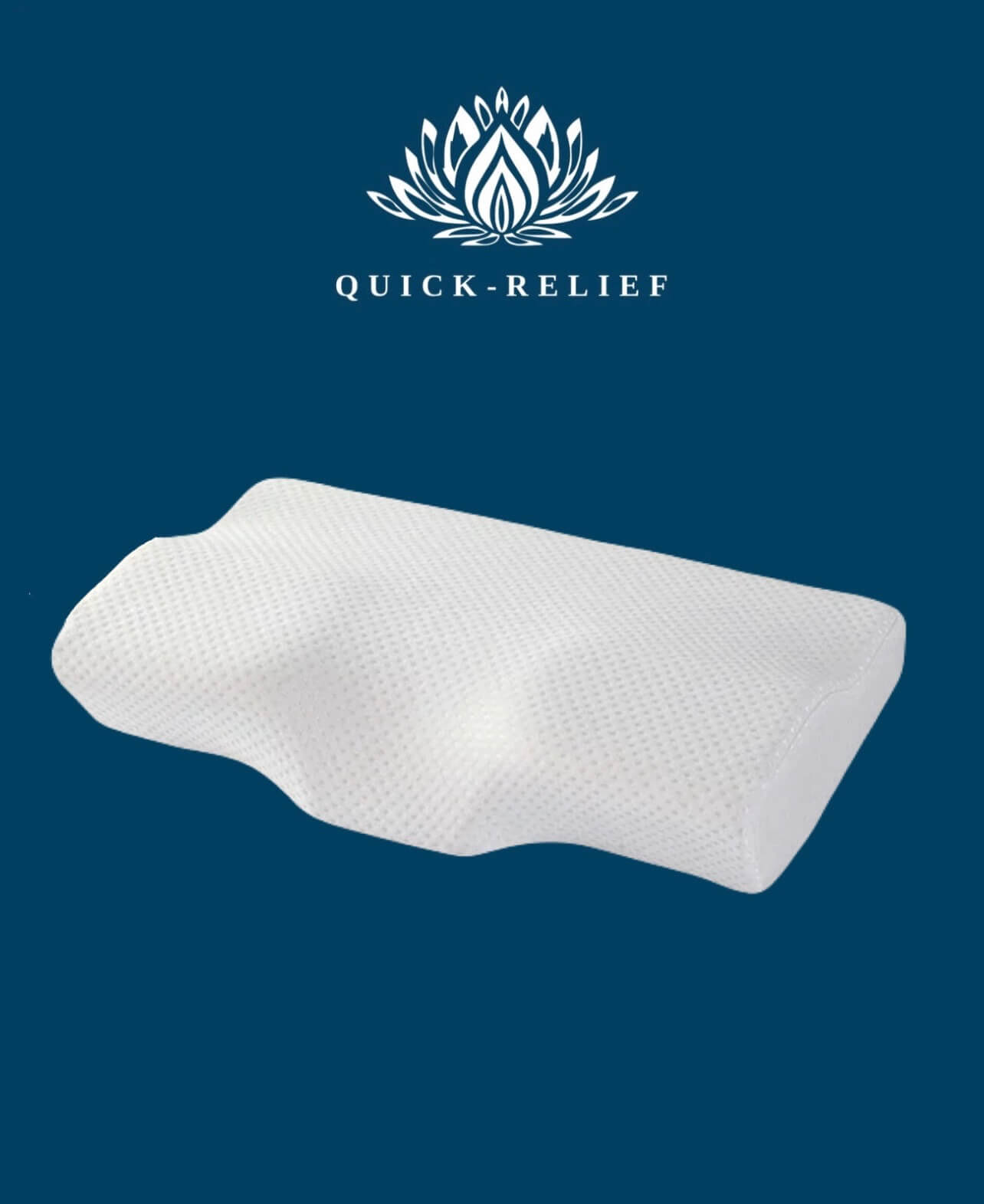orthopedic derila pillow on a blue background with 'Quick-Relief' logo above it