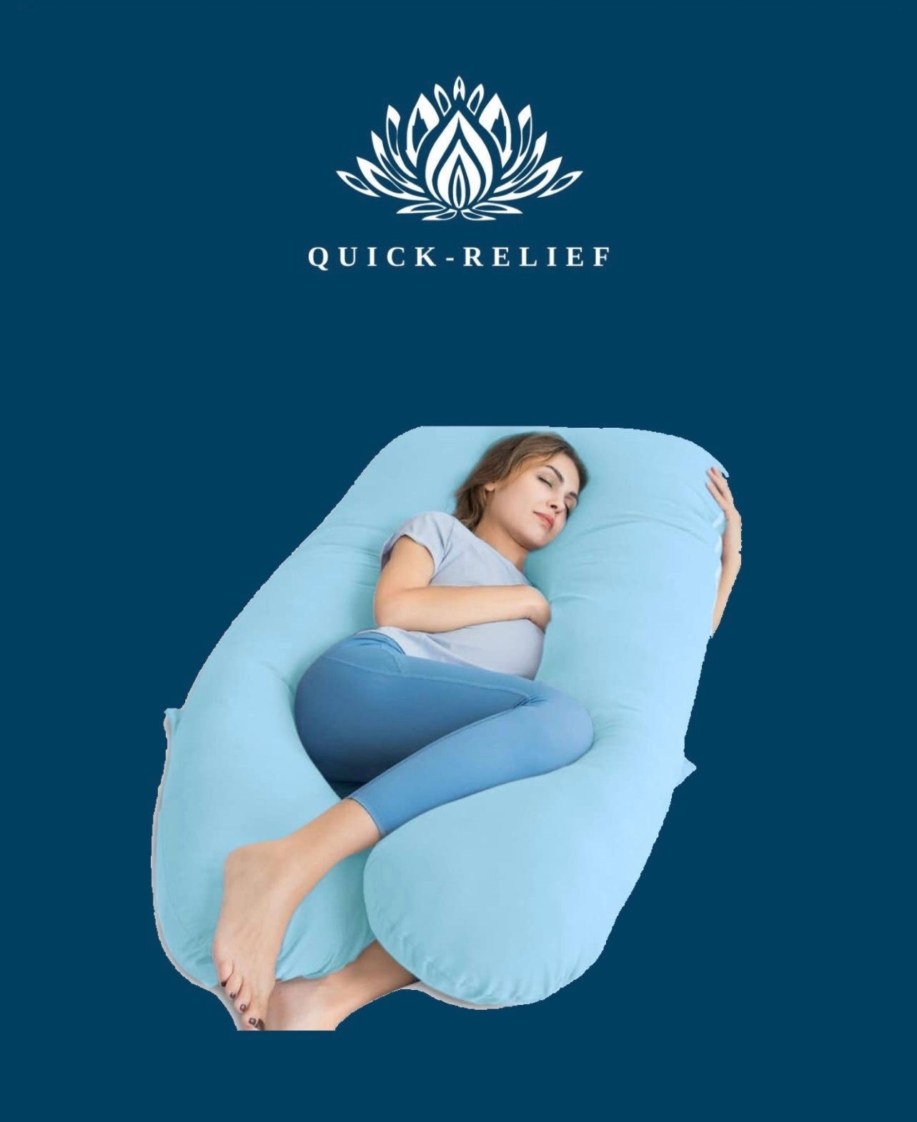 A pregnant woman lying comfortably on a blue Quick-Relief pregnancy pillow.