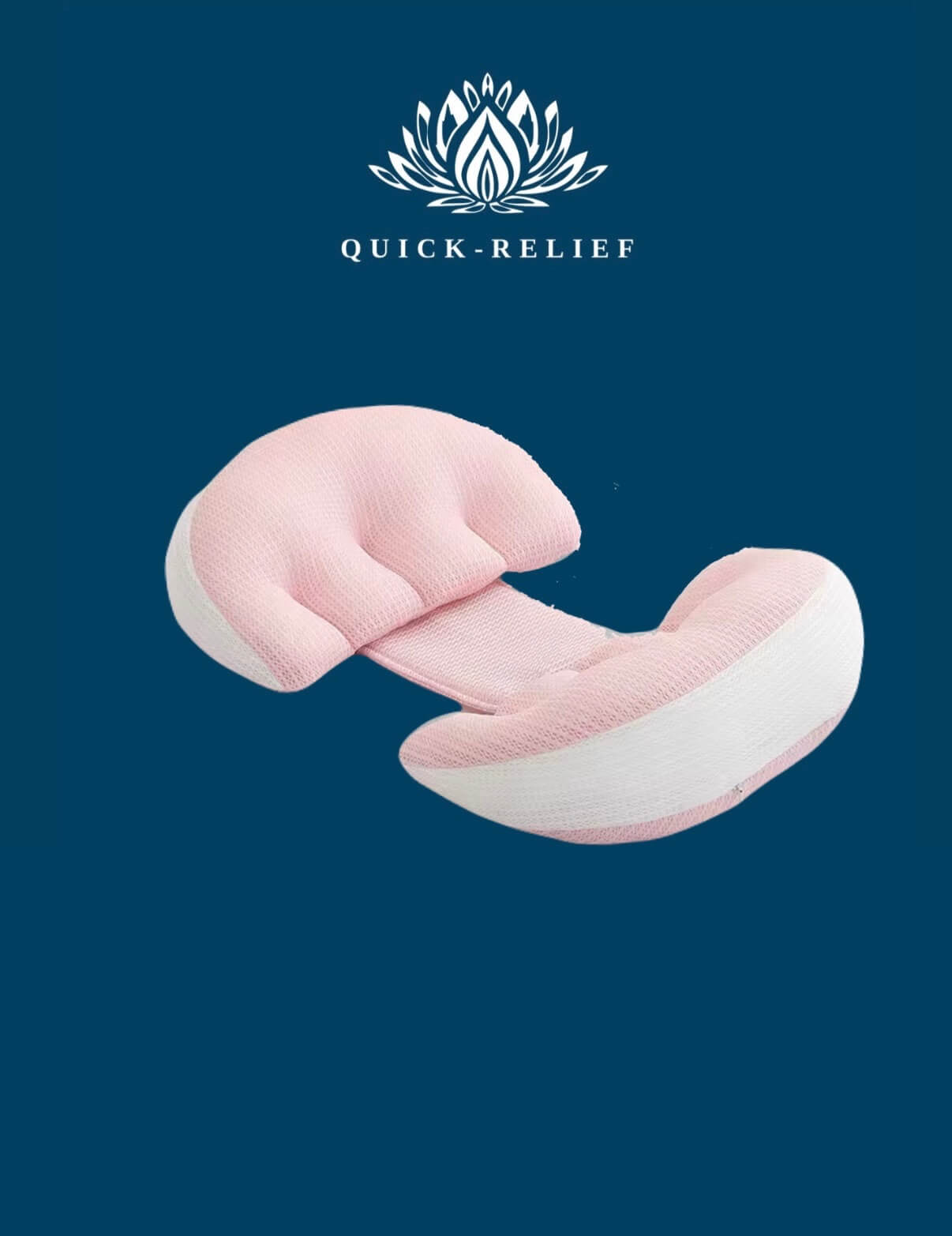 Pink support pregnancy pillow on a blue background with 'Quick-Relief' logo.