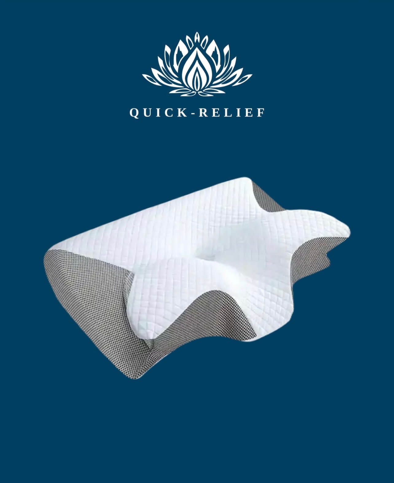 White and gray pillow with 'Quick-Relief' logo on a blue background