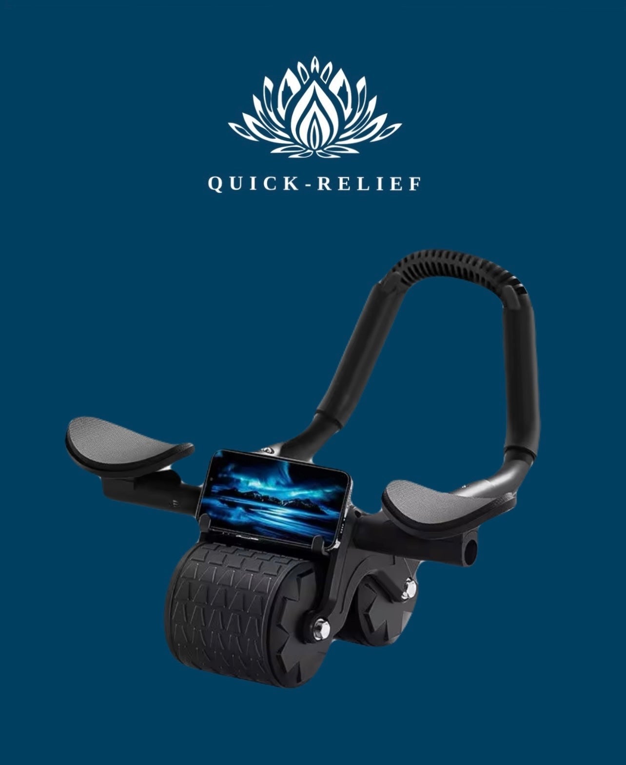An abdominal wheel chair designed for therapeutic use, featuring a black color scheme and branded with 'Quick-Relief'.