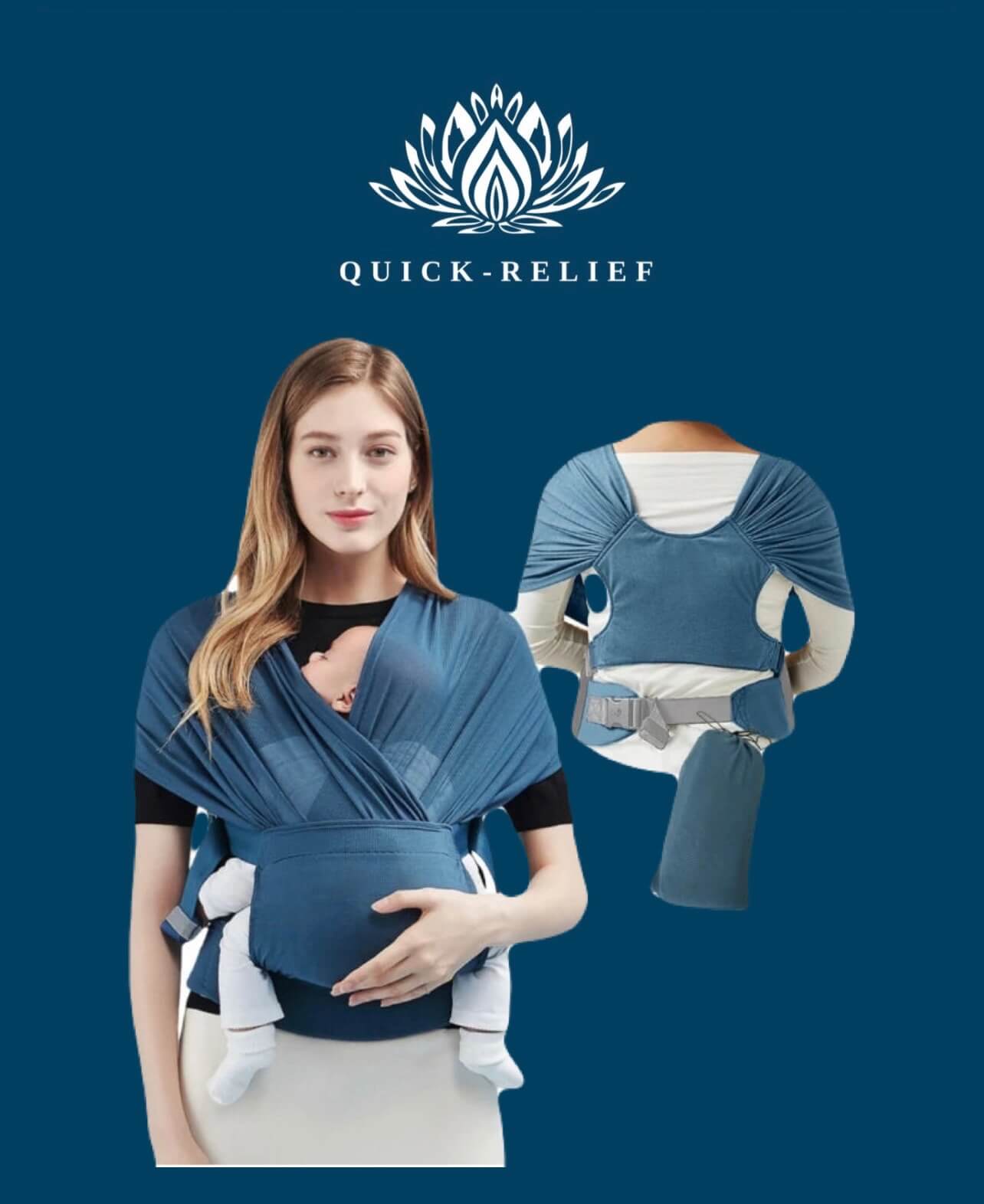Woman using a blue baby carrier with Quick-Relief logo on a dark blue background