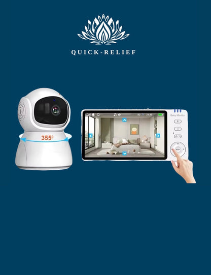 Home security baby monitor system with camera and monitor on a blue background, featuring the Quick-Relief brand.
