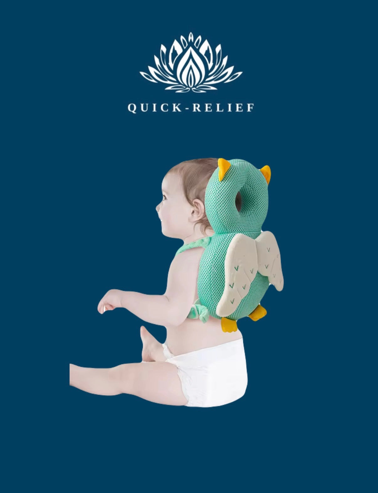 Child wearing a green owl-shaped neck support pillow with Quick-Relief logo on a blue background