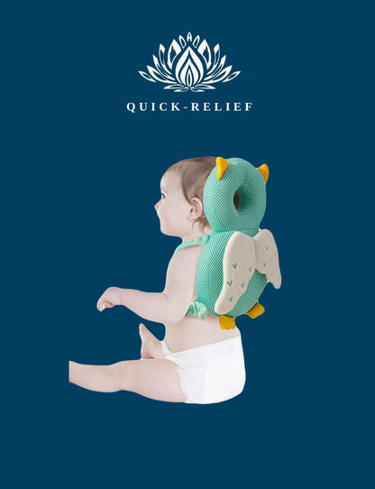 Child wearing a green owl-shaped neck support pillow with Quick-Relief logo on a blue background