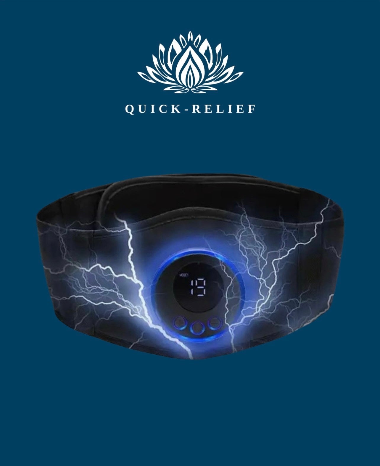 A black EMS toning belt with a blue lightning bolt design, featuring a digital display and the Quick-Relief logo.