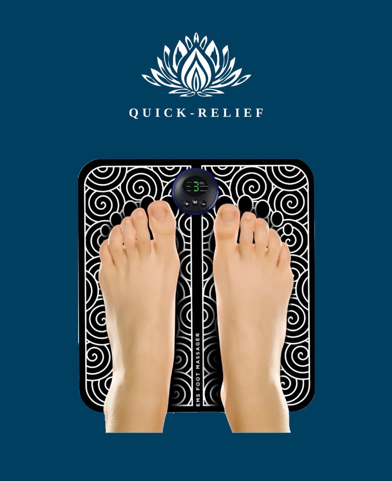  black and white EMS foot massager with a digital display, indicating the use of electrical muscle stimulation for pain relief.