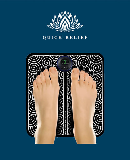  black and white EMS foot massager with a digital display, indicating the use of electrical muscle stimulation for pain relief.