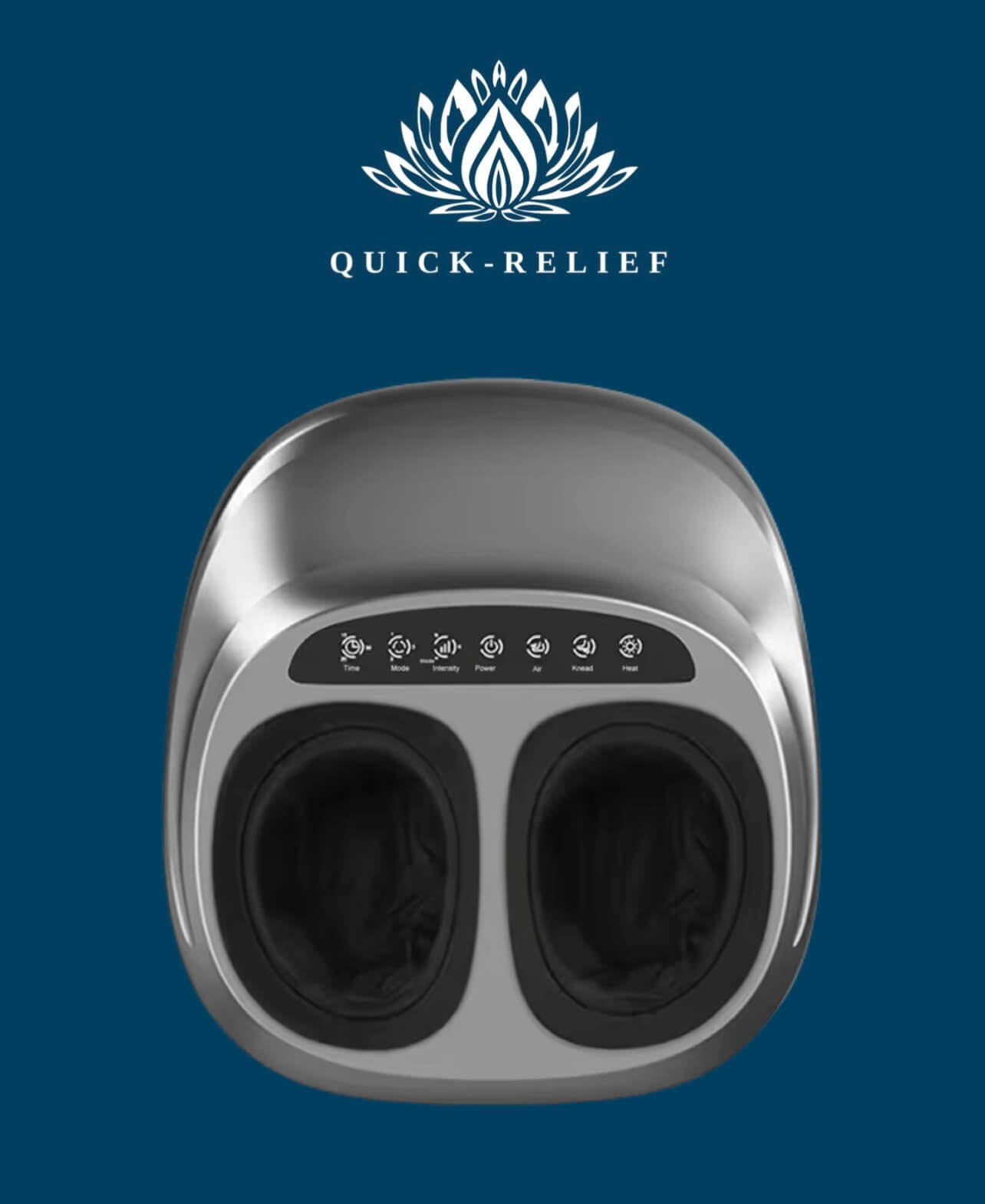 Silver foot massager with 'Quick-Relief' logo on a blue background