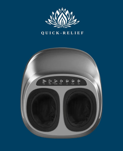 Silver foot massager with 'Quick-Relief' logo on a blue background