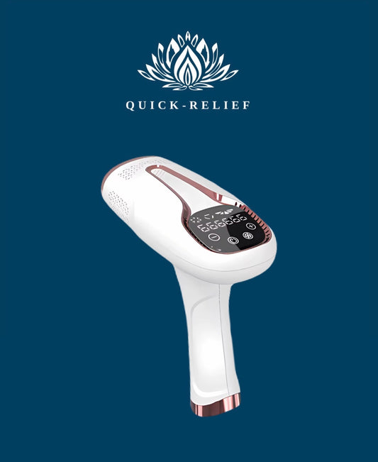 White electronic device hair removal device with digital display on a blue background, featuring the 'Quick-Relief' brand.