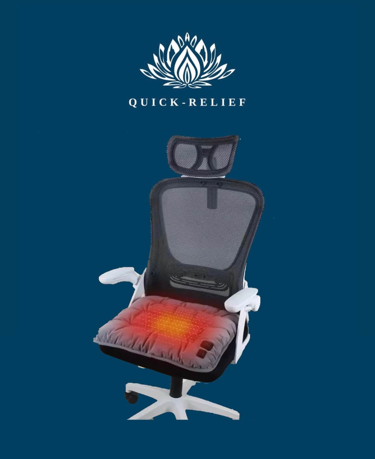 Ergonomic chair with heating pad on a blue background, featuring the Quick-Relief brand.