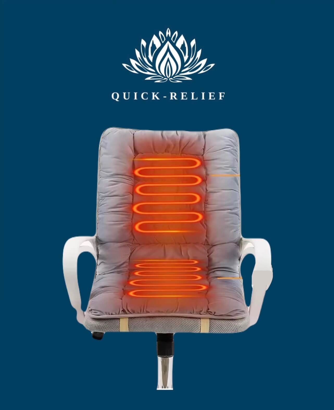 Heated office chair pad with heating on a blue background, featuring the Quick-Relief brand.