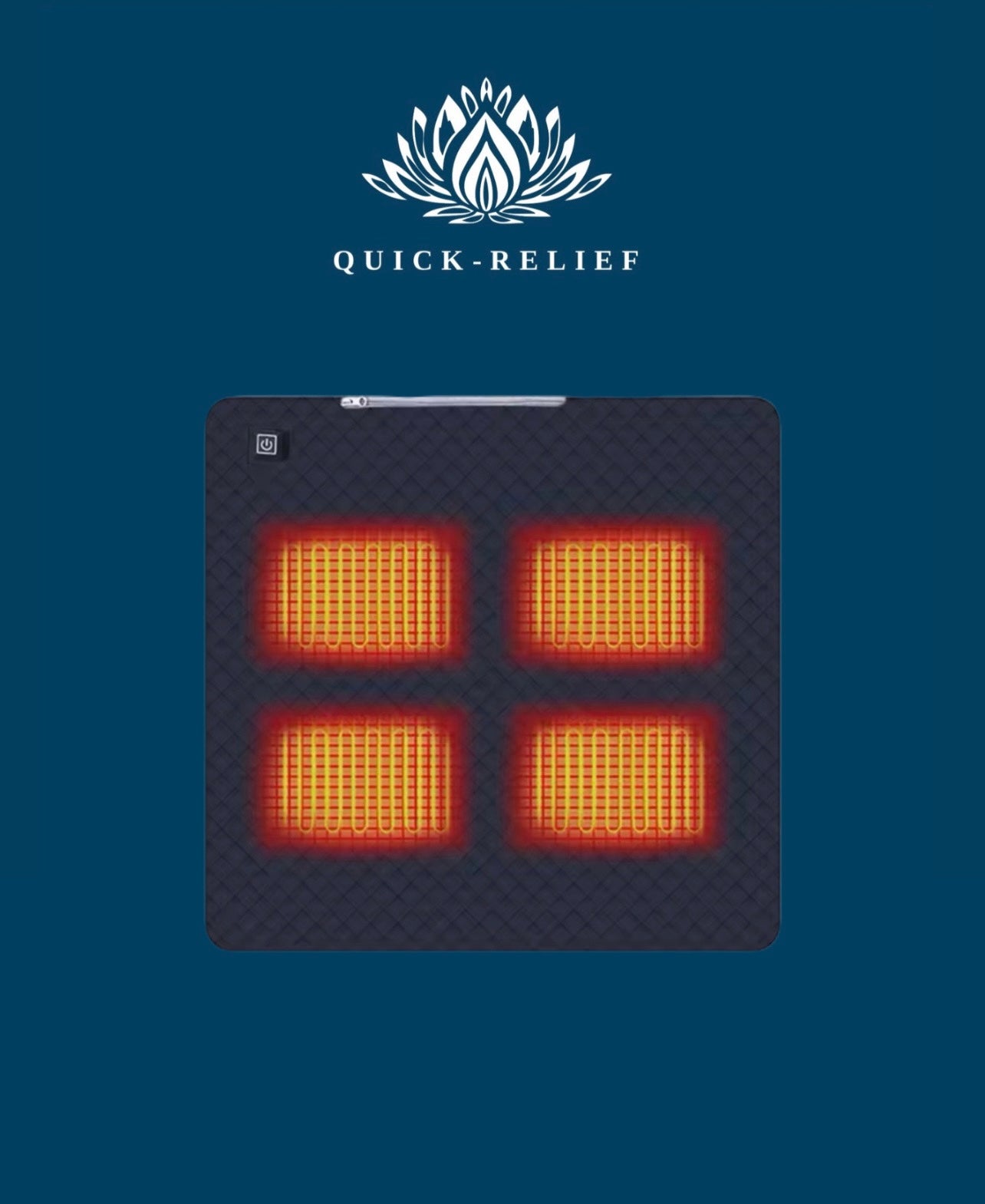 Heating pad with heating elements on a blue background, featuring the Quick-Relief brand.