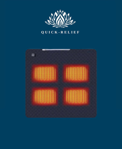 Heating pad with heating elements on a blue background, featuring the Quick-Relief brand.