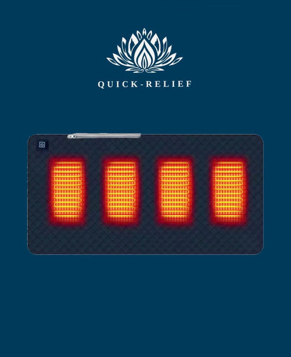 Heating pad with heating elements on a blue background, featuring the Quick-Relief brand.