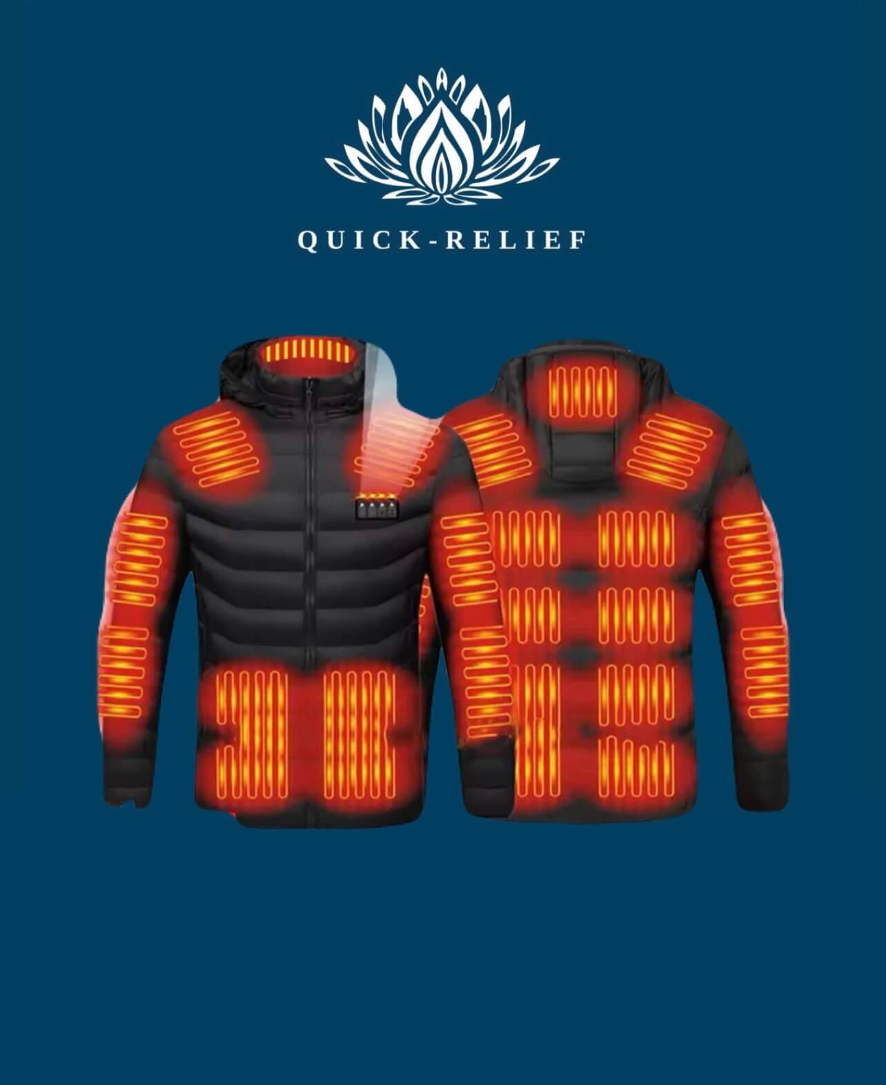 Heated jacket with glowing orange heating elements on a blue background, featuring the Quick-Relief brand.
