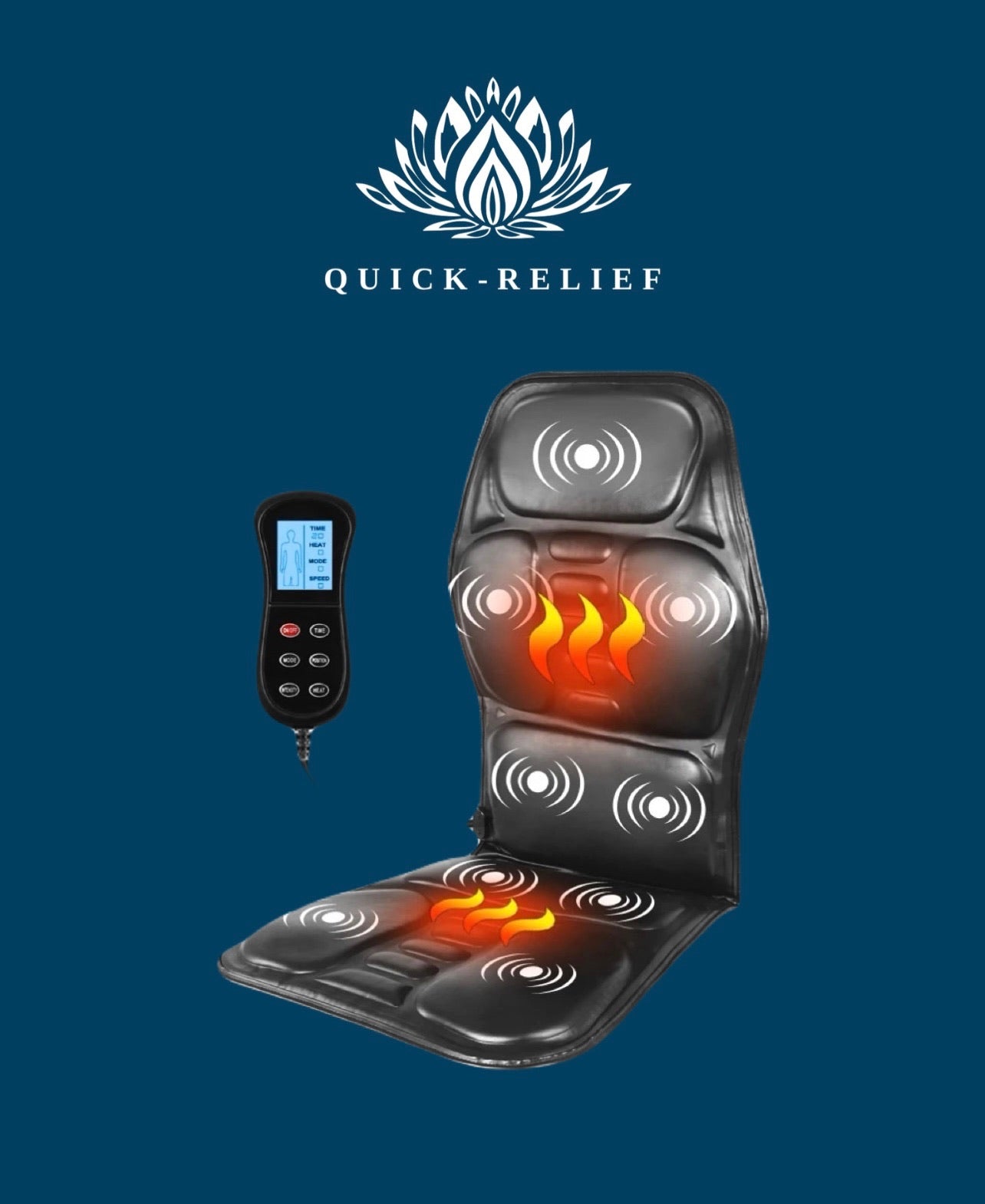 A black heating and massage seating cushion with a remote control, featuring a Quick-Relief logo on the top.