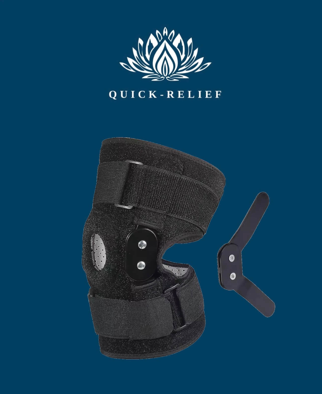 Black knee brace with Quick-Relief logo on a blue background