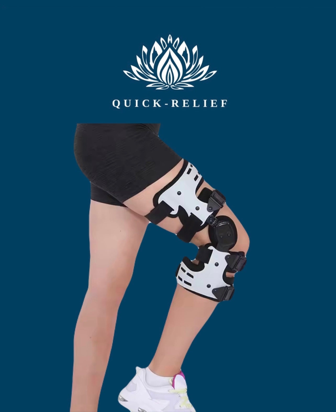 A person wearing a white knee stabilization brace with adjustable straps and a Quick-Relief logo on the image's header.