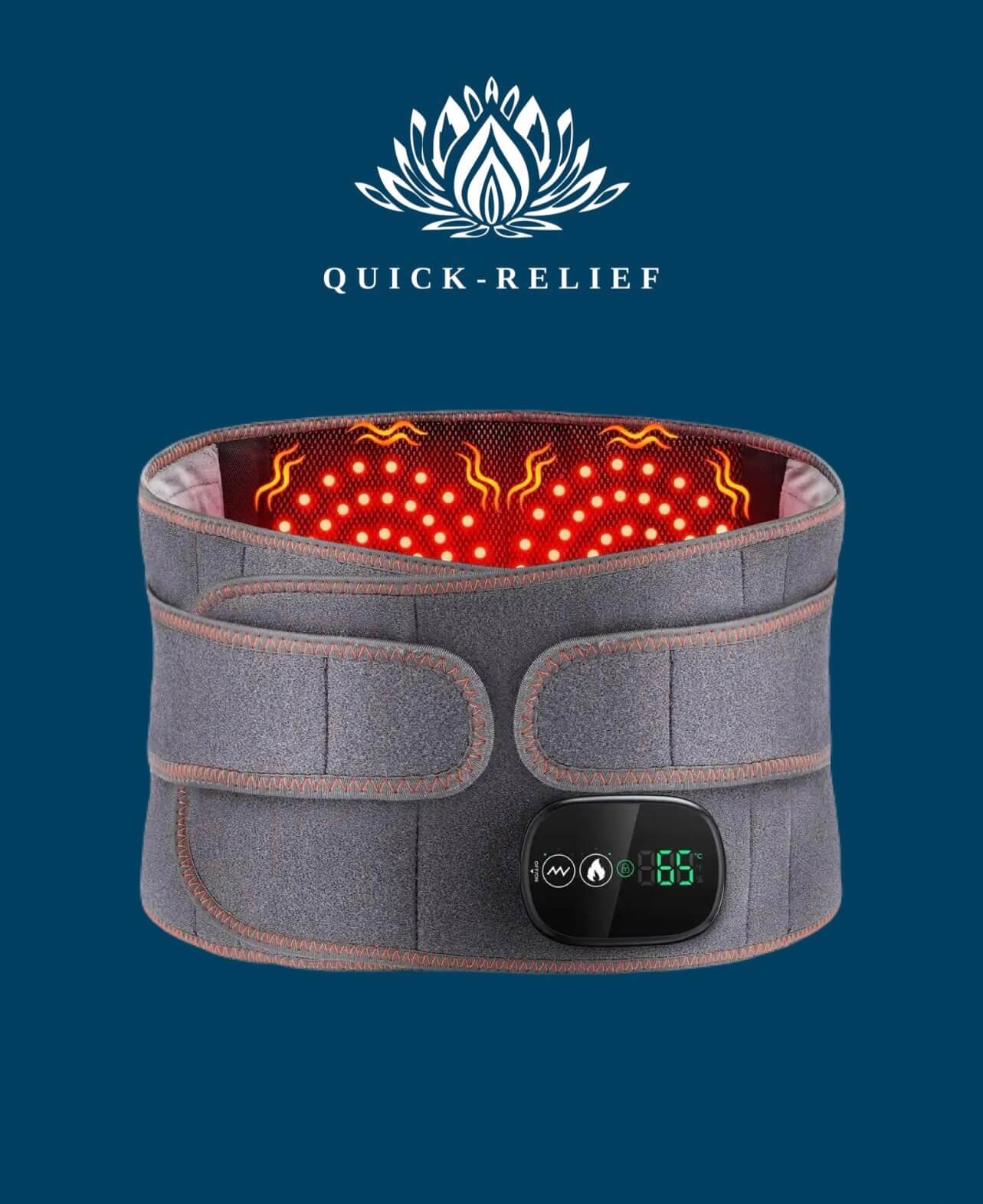 Gray heating belt with digital display on a blue background, featuring the 'Quick-Relief' brand.