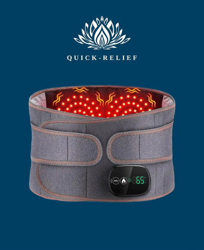 Gray heating belt with digital display on a blue background, featuring the 'Quick-Relief' brand.