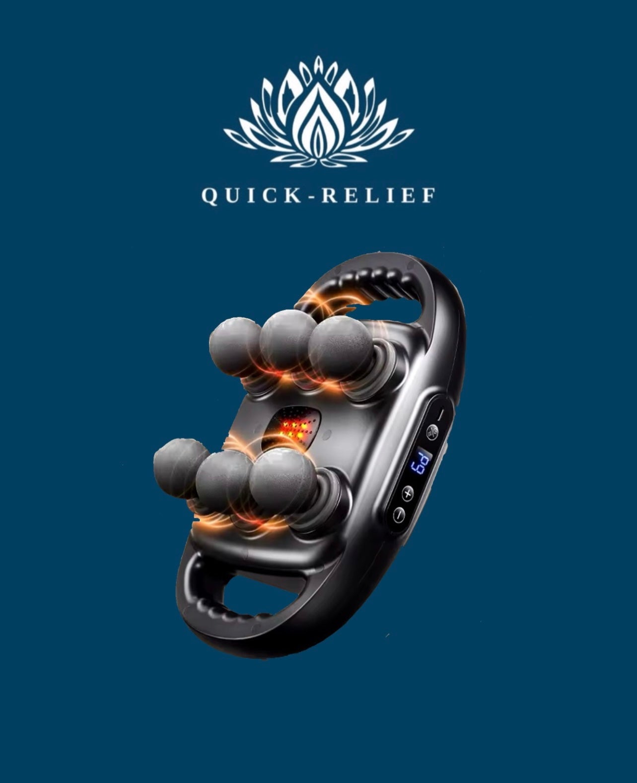 A handheld electric massager with multiple rounded massage heads, displaying the brand name 'Quick-Relief' on a blue background.