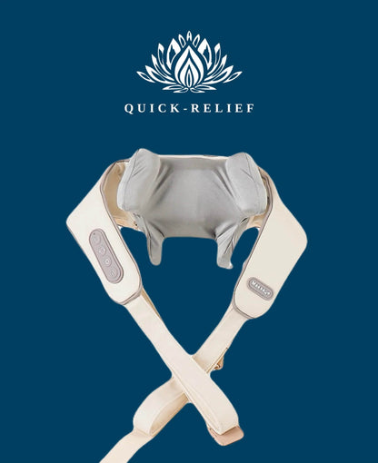 Neck and shoulder massager with 'Quick-Relief' logo on a blue background