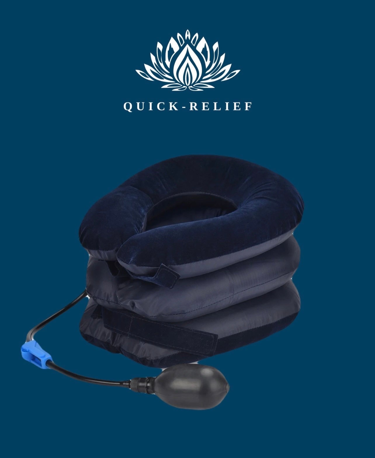 A blue neck stretching pillow with an inflation pump attached, branded with 'Quick-Relief'.