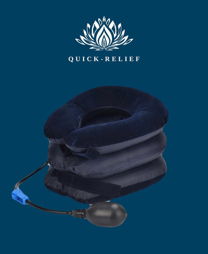 A blue neck stretching pillow with an inflation pump attached, branded with 'Quick-Relief'.