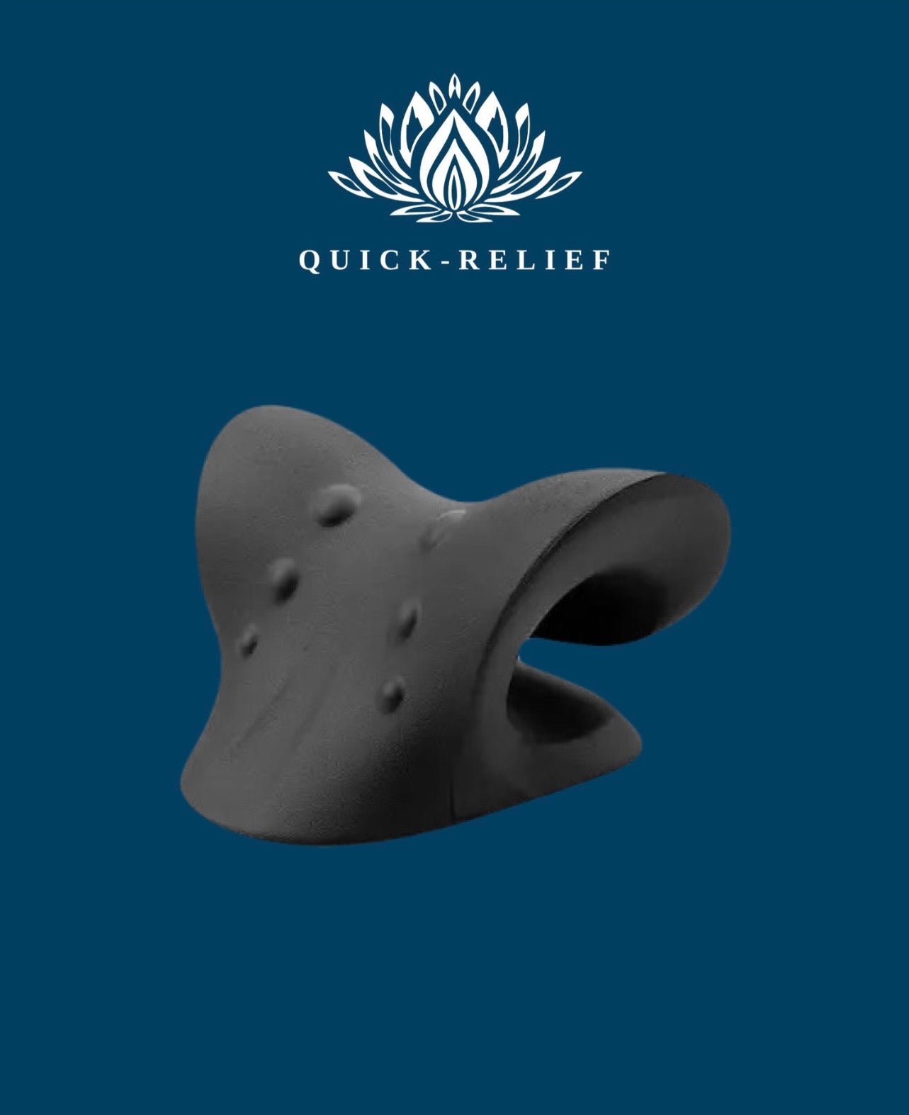 A gray neck strecher device with the Quick-Relief logo on a blue background.