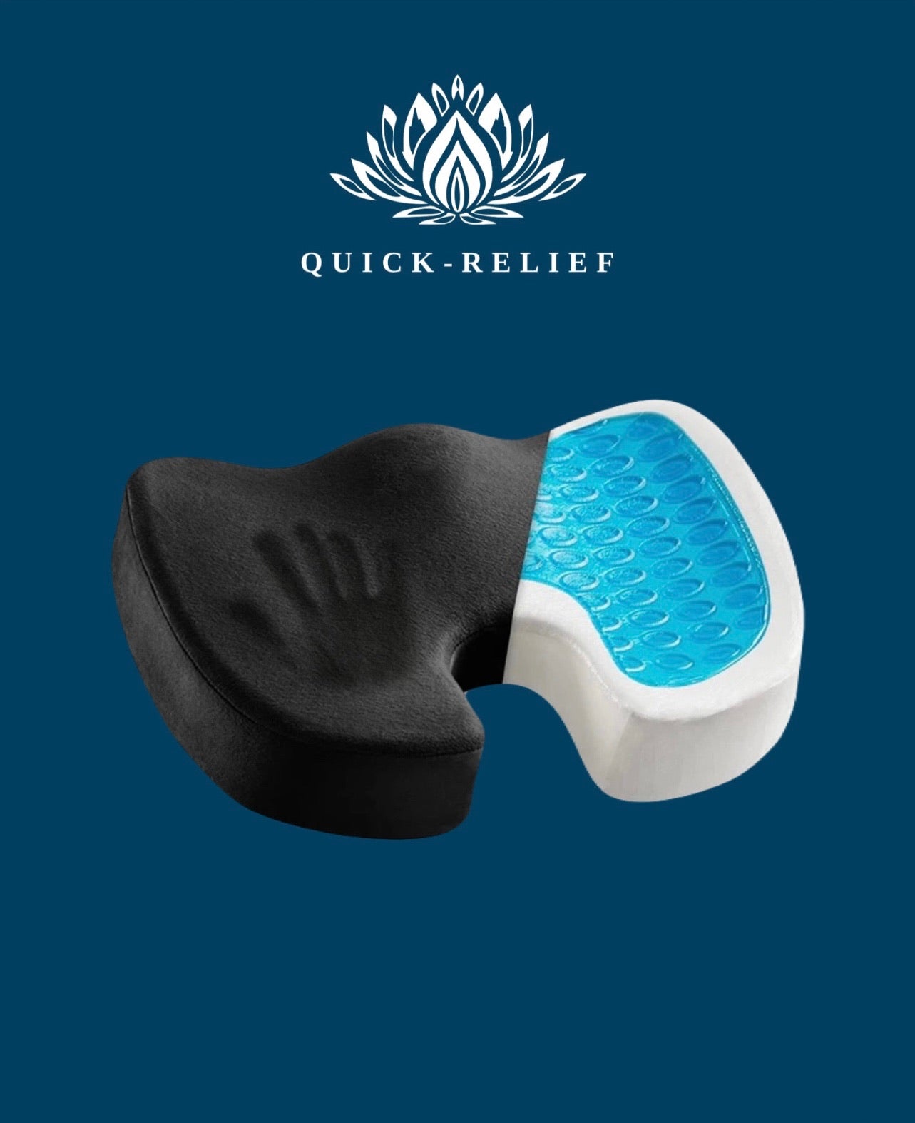 An orthopedic seat cushion with a black base and a blue gel section, designed to support the lower back and pelvis.