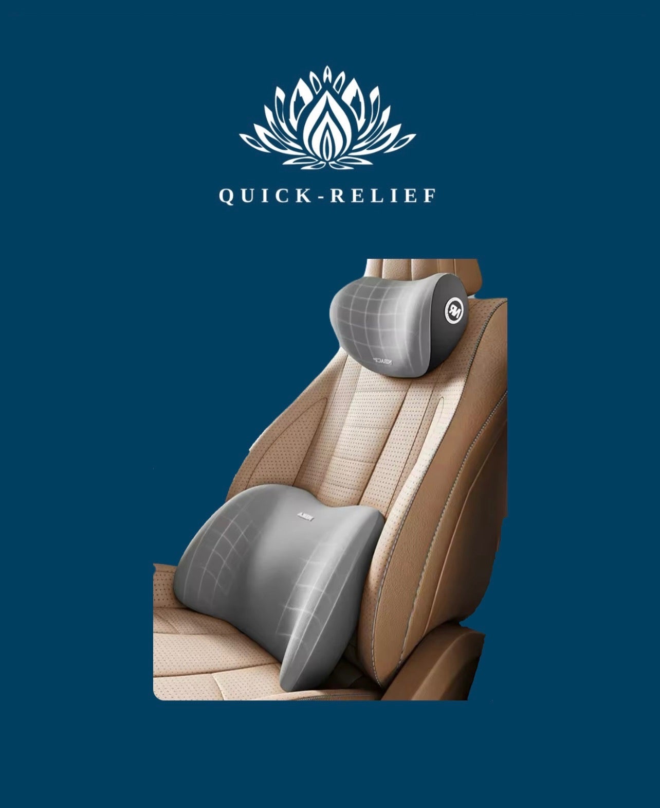 An orthopedic cushion designed for vehicle seating, displayed with a depiction of a car seat and the brand logo 'Quick-Relief' in the background.
