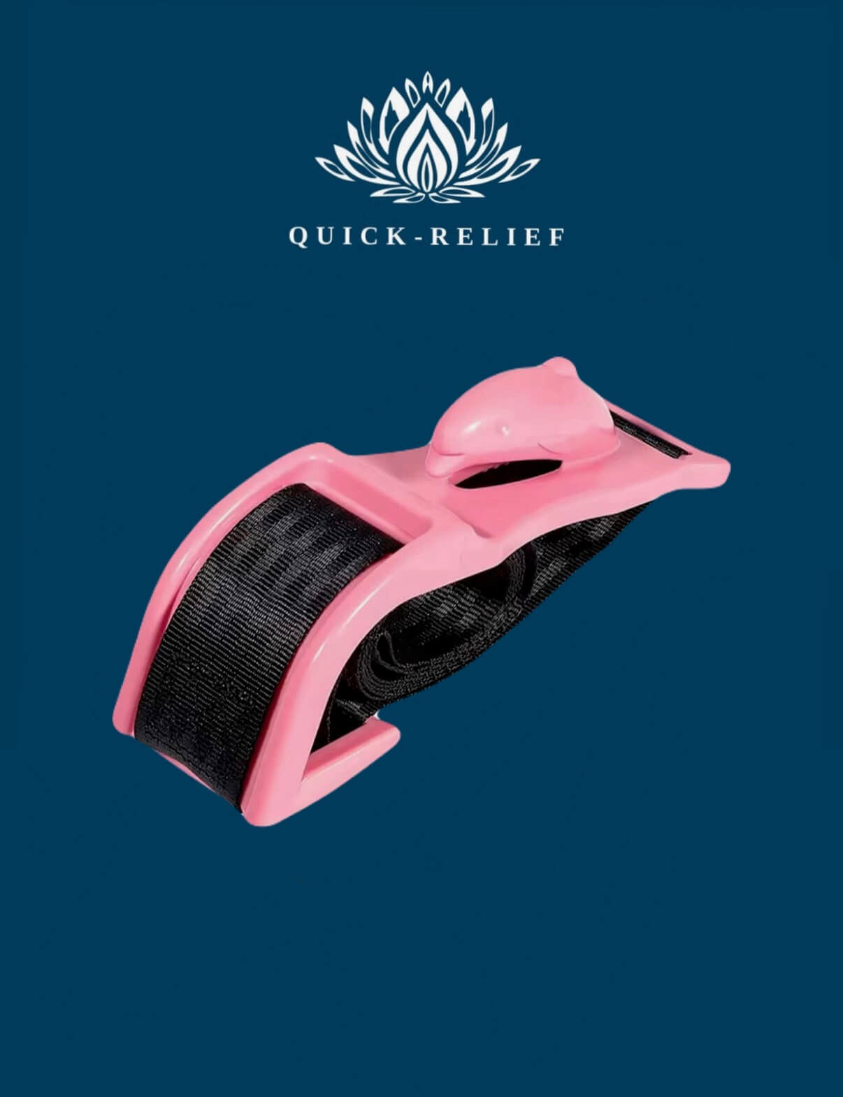 Pink belt hlder with black strap on a blue background featuring Quick-Relief logo
