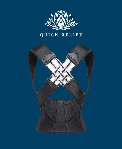 Black posture corrector with 'Quick-Relief' logo on a blue background