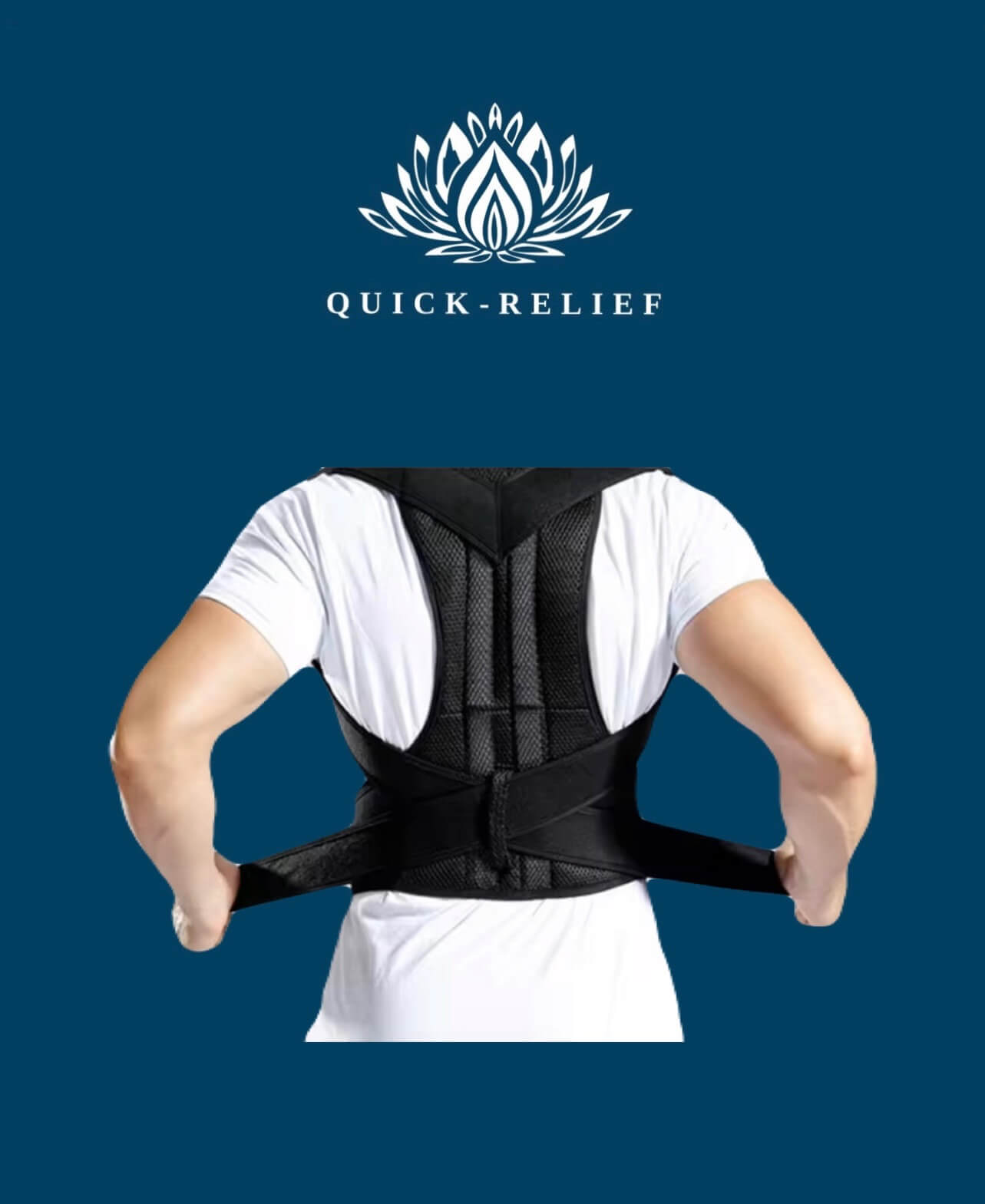 Person wearing a black posture corrector with 'Quick-Relief' logo on a blue background
