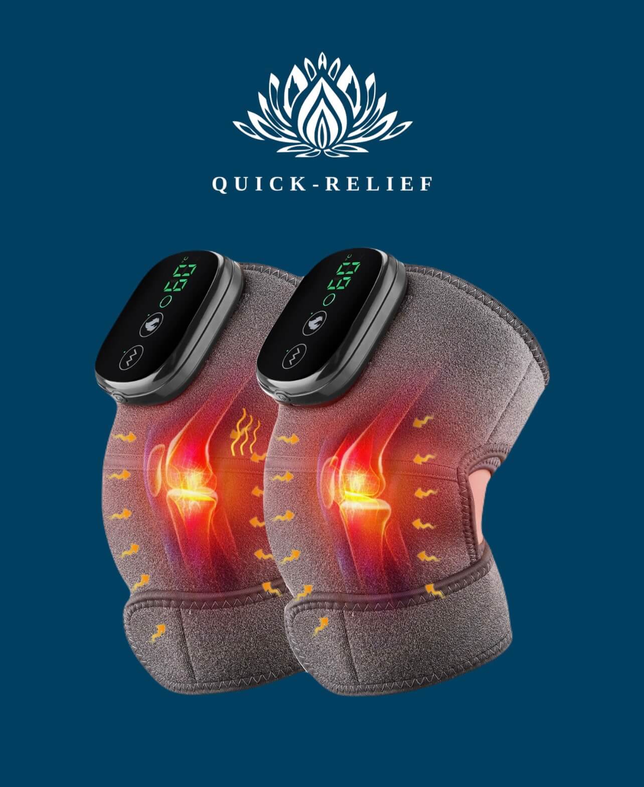 Heating elastic pads with digital displays on a blue background, featuring the Quick-Relief brand.