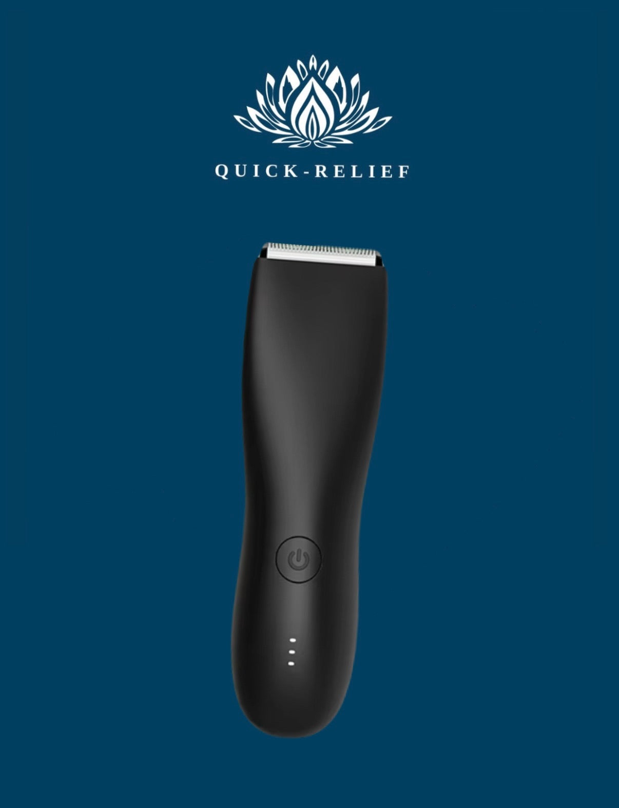 Black electronic device with 'Quick-Relief' branding on a blue background