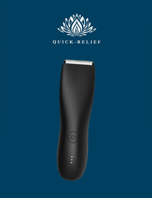 Black electronic device with 'Quick-Relief' branding on a blue background