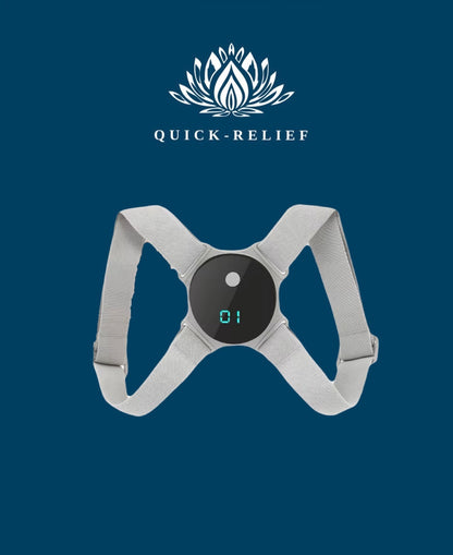 A posture corrector device with a digital display in the center, surrounded by what appears to be a strap or band for supporting the device.
