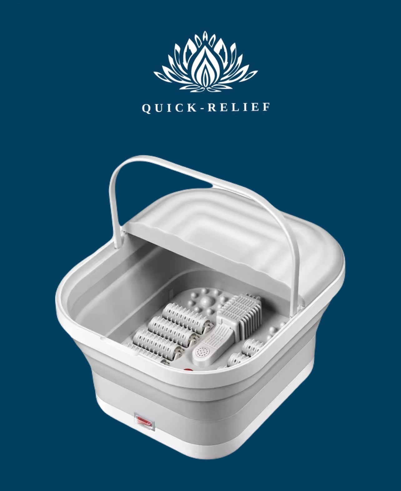 A portable foldable spa massage bathtub with quick heating and bubble functions, predominantly white in color, with the 'Quick Relief' logo at the top.