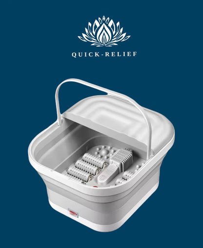 A portable foldable spa massage bathtub with quick heating and bubble functions, predominantly white in color, with the 'Quick Relief' logo at the top.