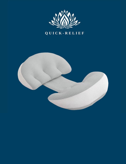 Pink support pregnancy pillow on a blue background with 'Quick-Relief' logo.