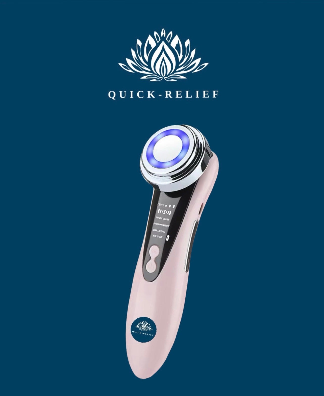 A pink anti-aging device with a blue light ring around the central button, branded with 'Quick-Relief', against a dark background.
