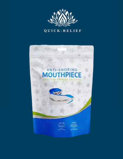 Anti-snoring mouthpiece packaging with Quick-Relief logo on a blue background