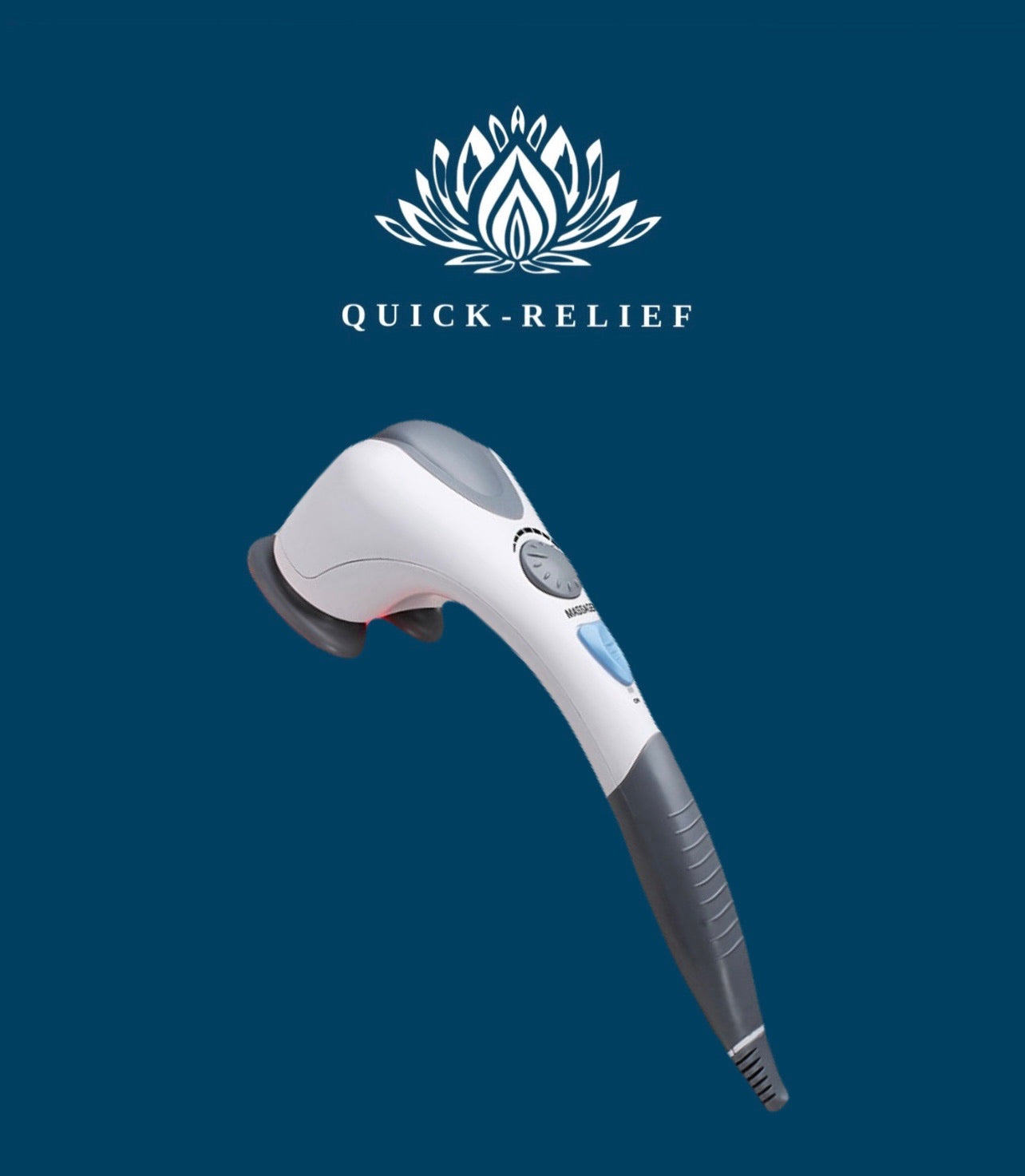 Handheld massager with a white and gray body, featuring a heating function and the Quick-Relief brand logo.