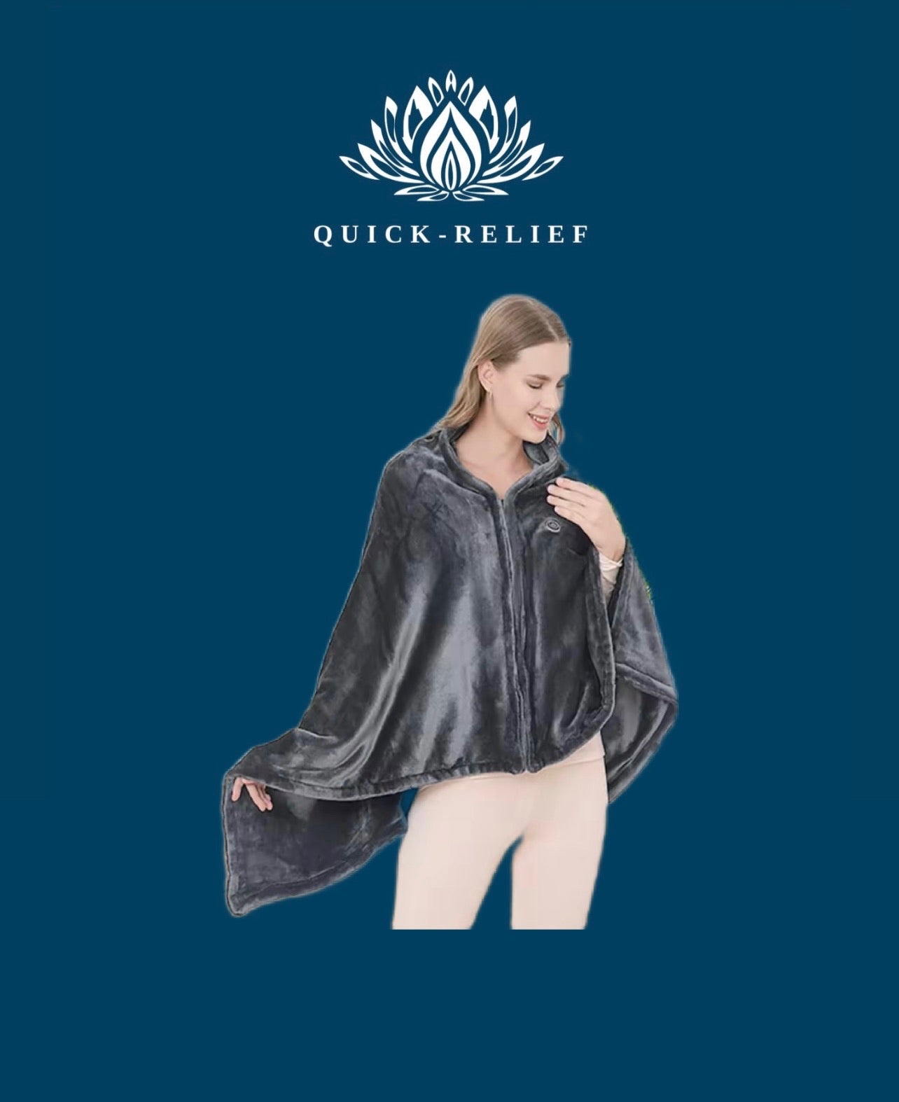A model is shown using a black heating blanket with the brand 'Quick-Relief' visible on the top. The model appears to be wearing a gray sweater and is holding a phone in her hand.