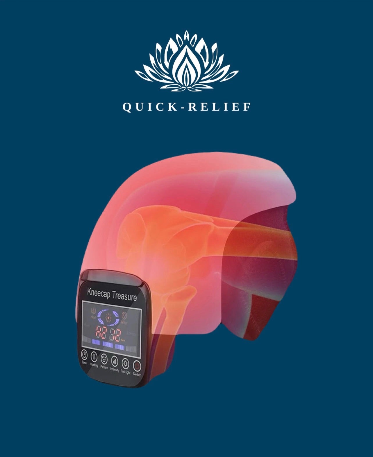 A knee-cure device with a digital display showing red and white colors, indicating heat settings. The device is designed for pain relief and has a sleek, modern appearance.